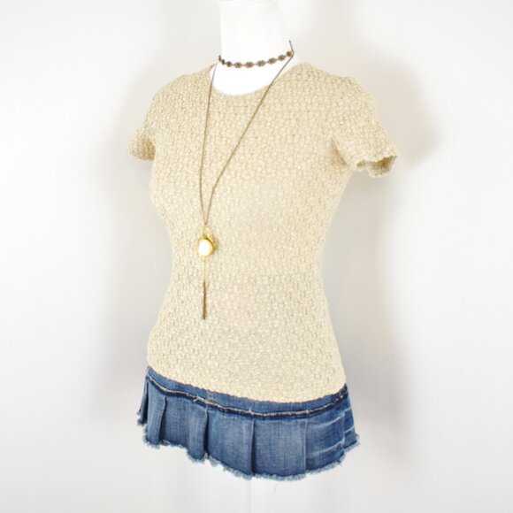 VTG 90s Y2K On Your Own Beige Popcorn Bubble Crinkle Short Sleeve Baby Tee Sz S - Picture 2 of 6